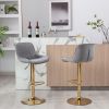 Chrome Footrest and Base Swivel Height Adjustable Mechanical Lifting Velvet + Golden Leg Simple Bar Stool; Set of 2; Grey