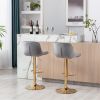 Chrome Footrest and Base Swivel Height Adjustable Mechanical Lifting Velvet + Golden Leg Simple Bar Stool; Set of 2; Grey